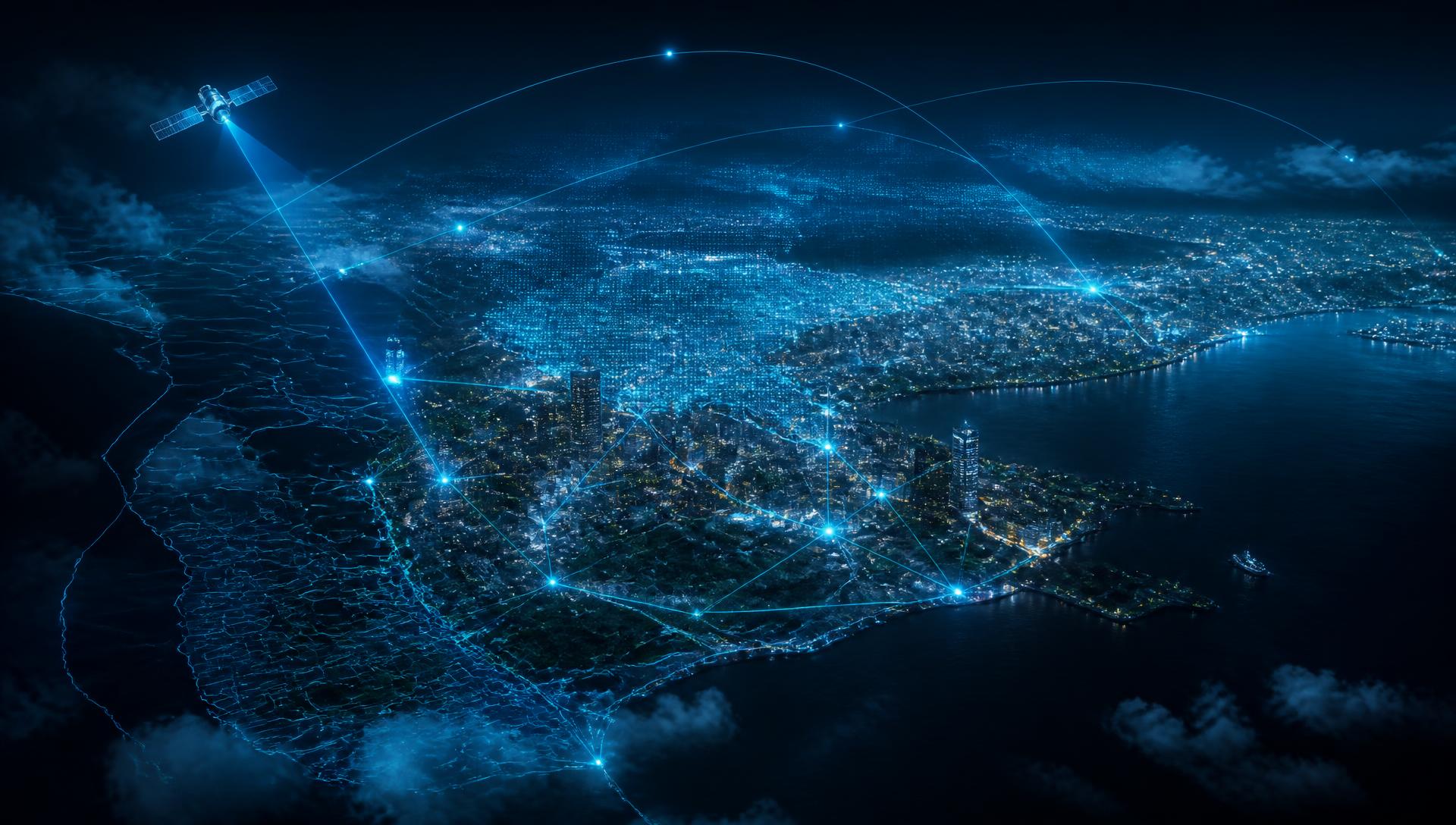 Aerial view of an African smart city connected by a glowing data network